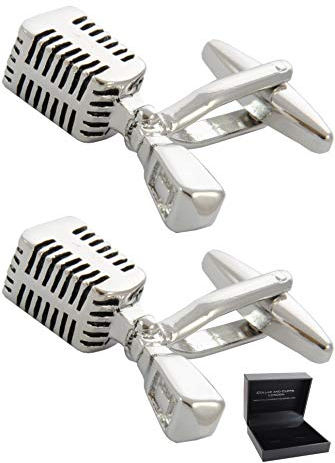 COLLAR AND CUFFS LONDON Gemelli Camicia Uomo Musica - con Scatola - Ottone - Retro Microfono - Argento Colorato - Musicali Motivi Cantante Cantando Musicista DJ Artista di Registrazione - Un Paio