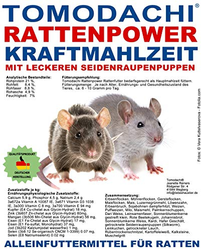 Tomodachi Rattenfutter mit tierischen Proteinen in Form von Seidenraupen, Alleinfutter für die Ratte, wenig Pellets, viel Gemüse - Erbsenflocken, Möhrenflocken, Rattenpower Kraftfutter 10kg Sack