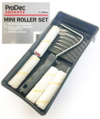 ProDec Advance 6 pezzi da 4 pollici a pelo corto in microfibra Mini rullo per pittura, telaio e vassoio per una pittura liscia con emulsione, lucida, satinata, vernice, tinta legno su pareti interne