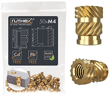 ruthex Set di inserti filettati M4, 50 boccole filettate RX-M4x8.1 in ottone, dadi a pressione robusti per parti in plastica di stampe 3D, utilizzabili tramite calore o ultrasuoni