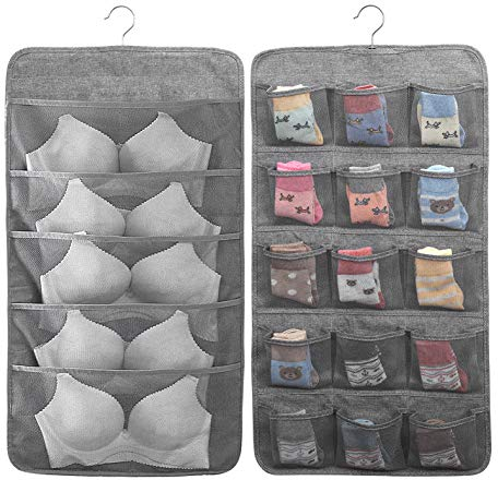 MaoXinTek Bolsa de Almacenamiento de Ropa Interior Colgante de Doble Cara, 5+15 Bolsillos para Ropa, Sujetadores, Ropa Interior, Calcetines, Corbatas, Bufandas, Gris