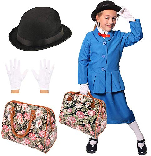 MAGICO COSTUME DA BAMBINAIA EDOARDIANA PER RAGAZZE - COSTUME DA MARIA PERSONAGGIO DELLA SETTIMANA DEL LIBRO - GIACCA BLU + GONNA + BOMBETTA + GUANTI BIANCHI + BORSA IN ECOPELLE - TALLA: GRANDE