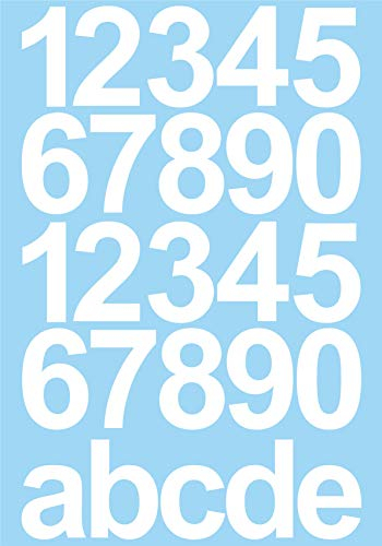 Weisse Zahlen Aufkleber Hausnummer/Mülltonne - 10cm Hoch - 25 KLEBEZAHLEN - Selbstklebende Ziffern und Nummern 0-9 und Buchstaben a-e - Ideal für den Außenbereich da Wasser und Wetterfest