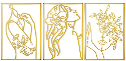 AGIOTA 3 piezas de decoración de pared dorada sobre la cama minimalista para sala de estar, arte de línea de metal, cuerpo femenino, decoración de habitación dorada para dormitorio, arte moderno de