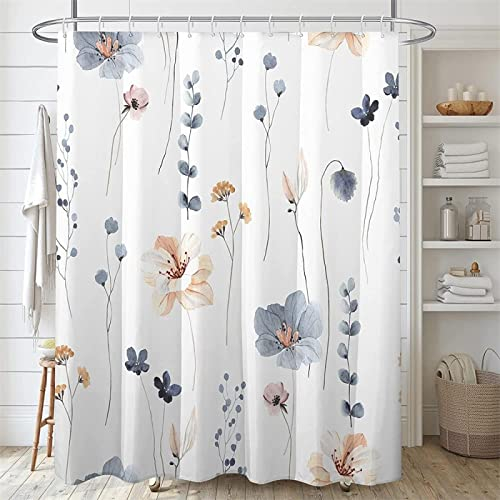 Yanyan Art Aquarell Blumen Duschvorhang blau beige Blumenmuster wasserdicht mit Haken Stoff Bad Dekoration Duschvorhänge 135x220cm/BxH