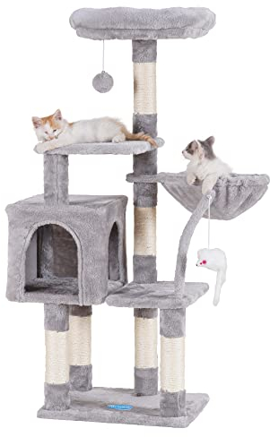 Hey-brother Kratzbaum, 111 cm Katzenbaum mit Spielzeug, Katzenkratzbaum mit Plattform, Hängematte und Sisal-Kratzstämmen, Grau EMPJ004SW-N