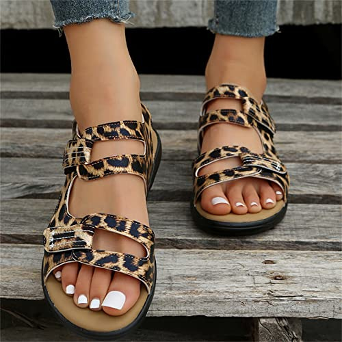 SWTKO Sandalias Cuña para Mujer Cómodas Sandalias Deportivas Planas con Correa de Tobillo Zapatos de Caminar Antideslizantes de Verano con Punta Abierta para Exteriores,Leopardo,US7/EU38