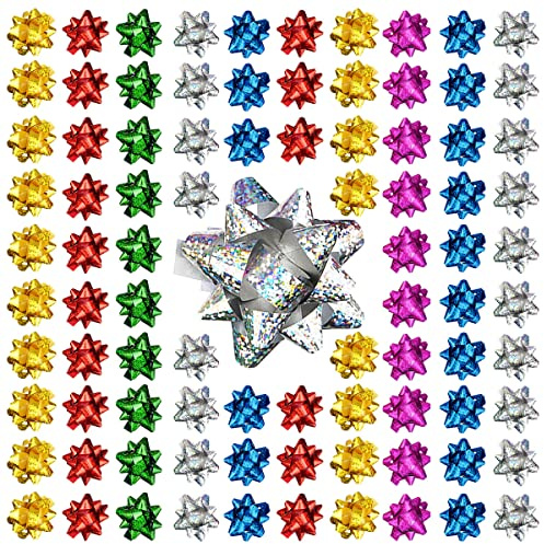 Jonami 100x Fiocchi Regalo Piccoli Fiocchi Decorativi Autoadesivi - Fiocco Pronto per Natale, Compleanno e Matrimonio, Ø 5 cm, Olografici Multicolore