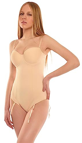 Istintiva Dalila – Body Contenitivo Modellante Donna | Effetto Snellente Pancia Piatta | Coppe Preformate con Ferretto | Giarrettiere e Spalline rimuovibili | Beige, Taglia 8C