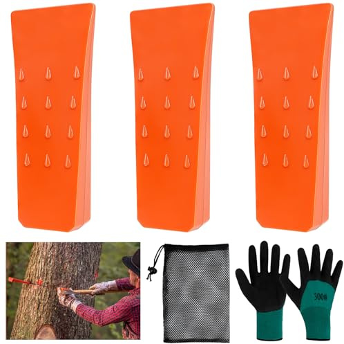 Fällkeil Kunststoff 3 Stück Baumkeile Fällheber Forstkeil mit Handschuhe und Aufbewahrungstasche, Holzspaltbaum Schneidekeil für kontrollierten Fällen von Bäumen