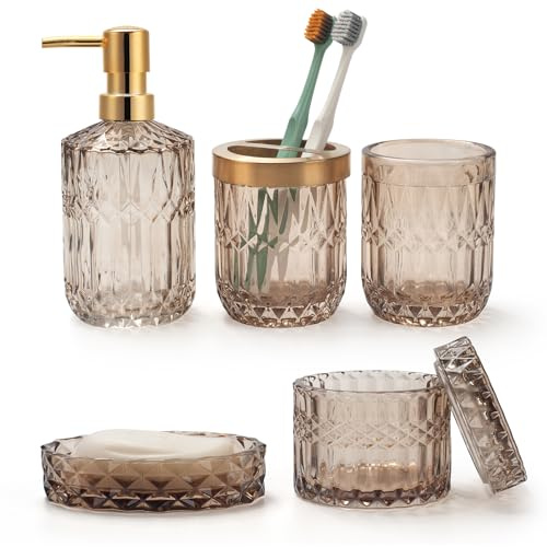 Lot de 5 Accessoires de Salle de Bain en Verre Brun avec Distributeur de Lotion, Porte Savon, Porte Brosse à Dents, Gobelet, Pots de Cotons-Tiges, Décoration de Bain Moderne, Cadeau Vintage