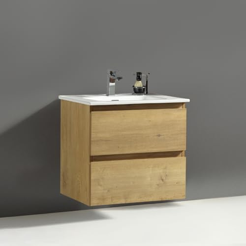 Alpenberger Waschtisch mit Unterschrank 60 cm Breit, Badezimmermöbel Set fürs Bad und Gäste WC, Keramik Waschbecken mit Waschbeckenunterschrank Hängend, Badmöbel Set in Eiche Natur
