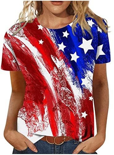 Ladies Tops Independence Day Tops for Women UK Party Wear July 4th American Flag Star Print T Shirt Plus Size Short Sleeve Blouses T-Shirts Summer Tunic Tees Dressy Club Top Pullover Clearance