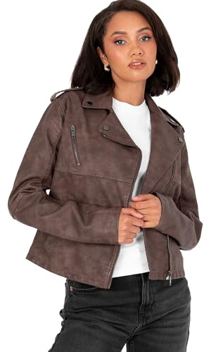 Lovedrobe Women's Biker Jacket Ladies Soft Faux Leather PU Studded Collar Distressed Long Sleeve Zip Pockets Casual Coat, Braun 44