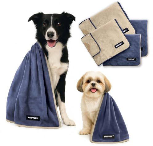 FLUFFINO Hundehandtuch 4er Set - 2X 120x70cm & 2X 90x50cm - extrem saugfähig & weich | Waschbar bei 60°C, schnell trocknendes Mikrofaser-Handtuch für kleine, mittelgroße & große Hunde