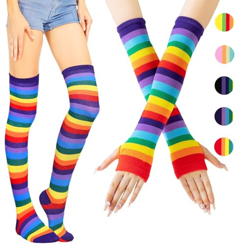 AUNGCSHE Regenbogen Overknees Strümpfe, Fingerlose Handschuhe, Kniestrümpfe Mädchen, Armstulpen, Thigh High Socks, Fingerless Gloves Für Handstulpen, Halloween Fasching (Lila)