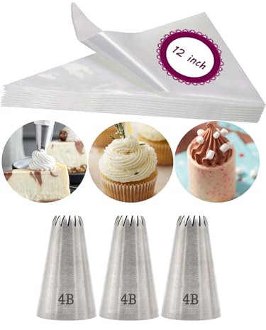 4B - Set di beccucci e sacchetti, punta aperta a stella 4B, con sac à poche usa e getta da 30,5 cm, per cupcake, torte, biscotti e pasticceria