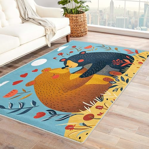 Bär Teppich Kinderzimmer - Teppich Wohnzimmer Schlafzimmer Wald, Kleiner Teppich Babyzimmer Cartoon Tiere, Weich Kurzflor & Waschbar & rutschfest Fussmatte Innen, Kinderteppich 80x150 cm