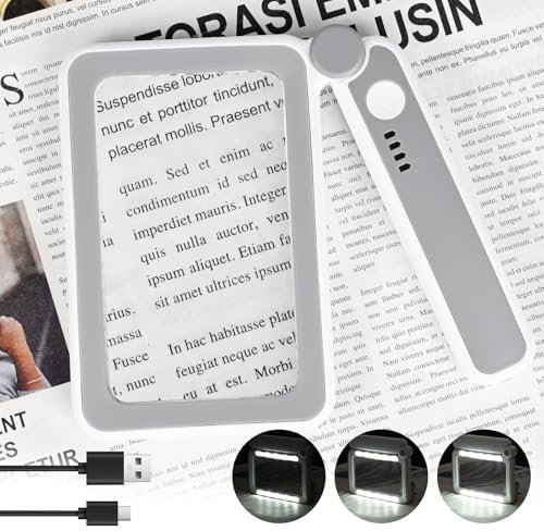 Diealles Shine Lupe mit Licht, Wiederaufladbare 4X Leselupe mit Dimmbarer LED für Senioren und Sehbehinderte, Leichte Vergrößerungsglas zum Lesen, Naharbeiten