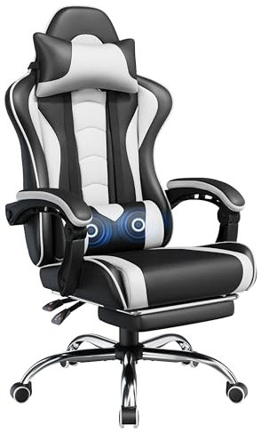 Yaheetech Gaming Chair for Adults, Ergonomic Video Game Chair with Massage Lumbar Support and Footrest Swivel, Height Adjustable Reclining Computer Racing Gamer Chair with Headrest - Black/White
