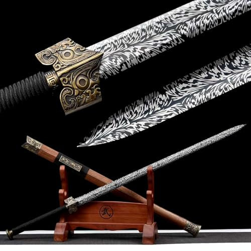 KWXPW 108cm Chinesisches Schwert,Manganstahl Klinge mit Eingraviertes Federmuster,natürlich Rosenholz Scheide,handgefertigt gerades Schwert für Geschenke,Dekoration,Display,Cosplay,Requisiten