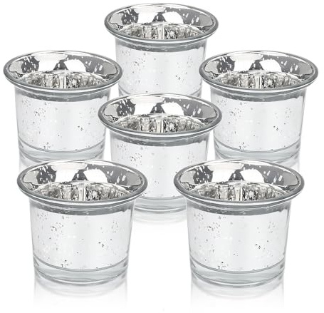 Hiseng 6 Stück Teelichthalter Glas Kerzenhalter Klein Votivkerzenhalter Teelichthälter Teelichter Dekoration für Weihnachten Hochzeit Valentinstag Kerzenlicht Abendessen (Silber)