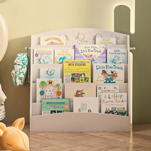 Kinder Bücherregal mit 5 offenen Fächern und Haken 80x30x75cm (Weiß) | Kinderregal Holz, Montessori Aufbewahrungsregal für Kinderzimmer