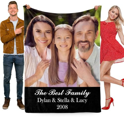 Udiyfun Personalisierte Decke mit Foto, Kuscheldecke mit Foto Text Namen, Fotodecke mit Eigenem Foto, Weihnachten Jahrestag Valentinstag Geburtstag Geschenk für Mama Papa Familie Freundin