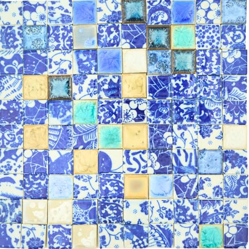 Yuvori Piastrelle a mosaico in ceramica fatte a mano, 2 cm, 0,5 kg, fai da te, Qinghua tradizionale cinese e stili moderni, decorazione per interni, progetti artistici fai da te in bagni, cucine
