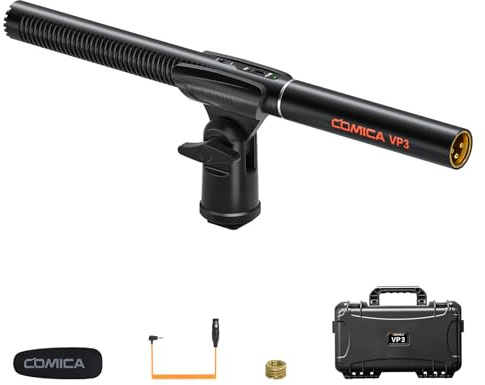 COMICA Micrófono de escopeta XLR VP3, micrófono de escopeta compatible con alimentación fantasma de 48 V, micrófono de condensador súper cardioide compatible con cámaras Canon, Nikon, Sony y