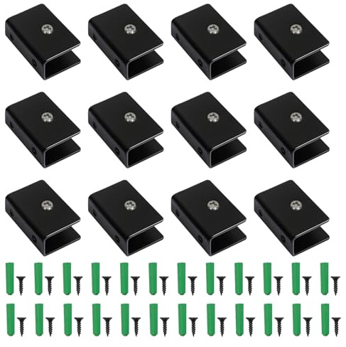 12 Piezas Abrazaderas de Acero Inoxidable Vidrio, Soporte Estante Vidrio Negro, Soporte Estante Cristal Ajustable para Sujetar Cristales con Tornillos (Negro, Rectangulares, para Cristal de 9-14 mm)