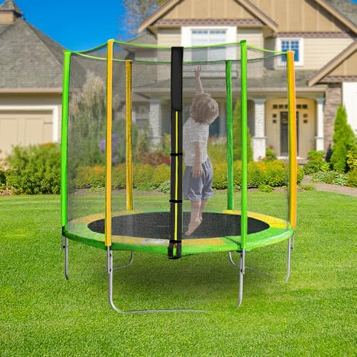 Trampolín de exterior para niños, trampolín de jardín redondo, trampolín de ocio y fitness con red de seguridad (Ø1,5m-D)
