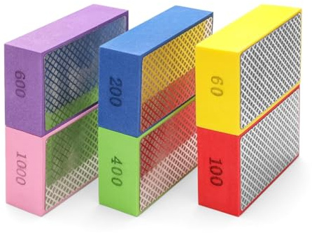6Pcs Diamond Hand Polishing Pads, Wet & Dry Diamond Sanding Pads 60#, 100#, 200#, 400#, 600#, 1000# Polishing Sanding Blocks for Porcelain, Concrete Stone Granite Marble Ceramic Grinding