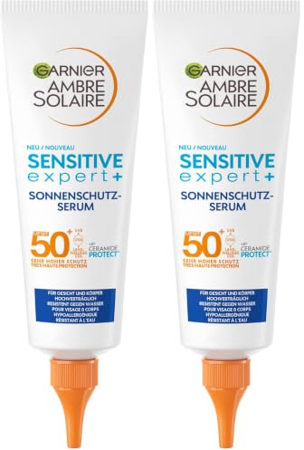 Garnier Sonnenschutz Serum mit LSF50+ für sensible Haut, Wasserfeste Sonnencreme für Gesicht und Körper, Rückstandslose, nicht fettende Formel mit Ceramiden, Ambre Solaire Sensitive expert+