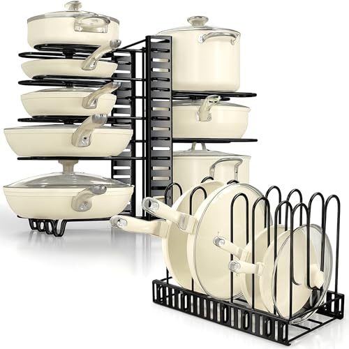 Pots and Pans Organizer for Cabinet, 3-in-1 Adjustable Cookware Storage Rack System, 8 Tier Pot Organizers Rack, Adjustable Pan Organizer under Cabinet Kitchen Organization and Storage 16.5 Height.