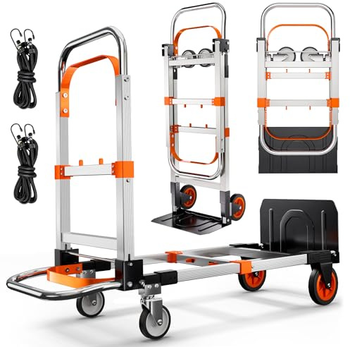 Zolpoyia 3 in 1 Folding Hand Truck Dolly Cart with Wheels Foldable Utility Cart Aluminum Trolley Cart 600lbs Capacity Convertible Dolly for Moving Furniture Shopping for Garden Home Office Warehouse
