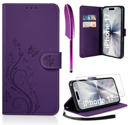 AROYI Lederhülle Kompatibel mit iPhone 17 Hülle und Schutzfolie, Flip Wallet Handyhülle PU Leder Case Kartensteckplätzen Schutzhülle Kompatibel mit iPhone 17 Dunkel Violett