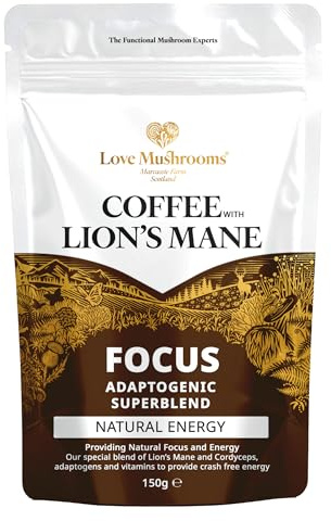 Love Mushroom Focus Coffee Blend | Combines Smooth Arabica Coffee Beans with Lion’s Mane, Cordyceps, Ashwagandha, Maca & Ginkgo | High in Vitamin D & B12 – 75mg/ Serving of Natural Caffeine – 150g
