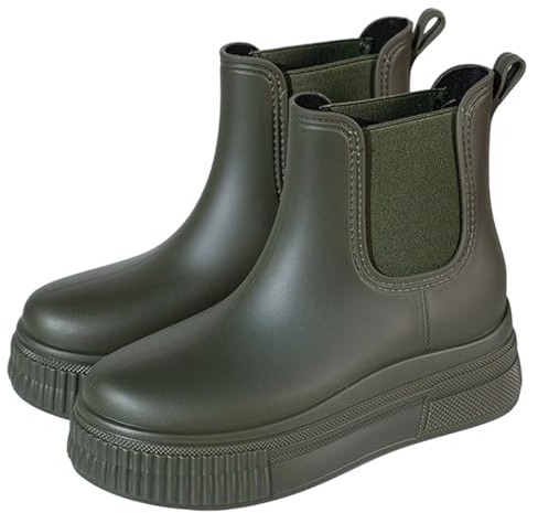 Stivali da pioggia da donna con entrata elastica, gambale medio alto, suola spessa, impermeabili, antiscivolo, per giorni di pioggia, stivali in gomma robusti da donna, 02 verde., 36 EU