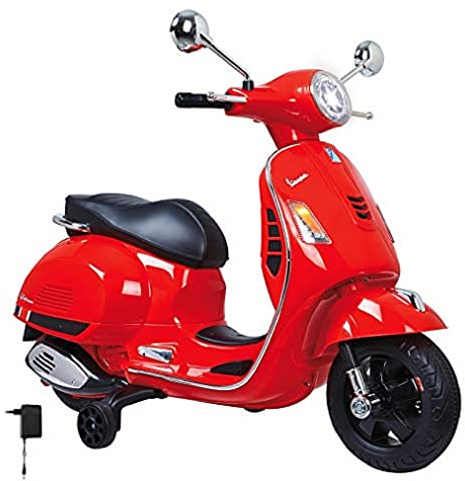 JAMARA 460348 – Ride-on Vespa 12 V – kraftfull drivmotor och batteri för lång körtid, SD-kortplats, AUX- och USB-port, Ultra-Grip gummiring på hjulet, stödhjul, LED-strålkastare, röd