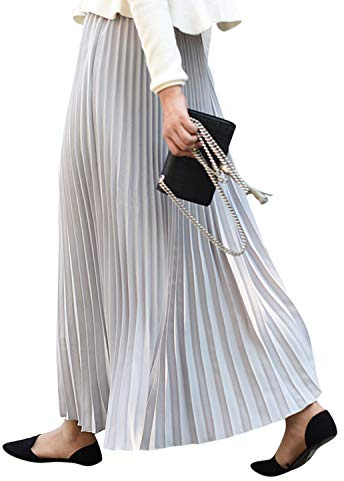 Camilife Jupe Plissée Longue en Mousseline de Soie élastique pour Femme Fille Jupe Maxi Taille élastique pour Printemps, été - Taille XS-M Uni Couleur Gris Clair