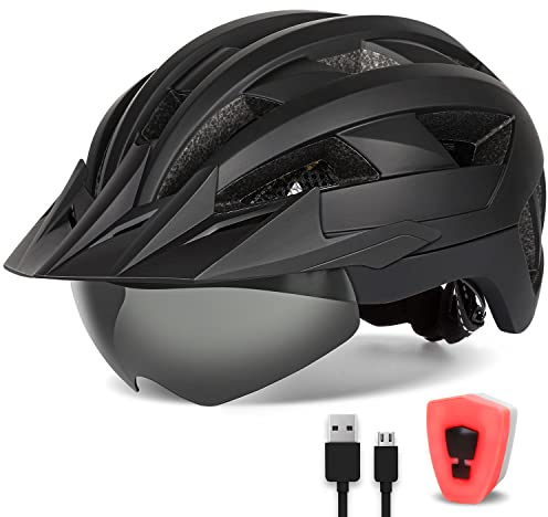 FUNWICT Fahrradhelm mit Visier für Herren Damen, Leichte Fahrradhelm mit Magnetischem Brille und USB-Aufladung LED Licht, Stylisch Mountainbike Helm (L: 57-61 cm, Schwarz)
