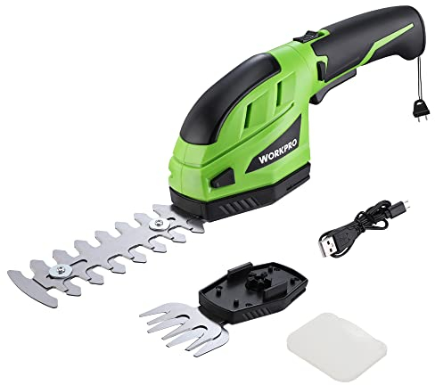 WORKPRO Akku Gras- und Strauchschere, kabellose handliche Grasscheren 3,6V, 2000mAh, 2 Verschiedene Messer, Schnittbreite 8cm, Schnittlänge 12cm, mit Akku und Ladekabel