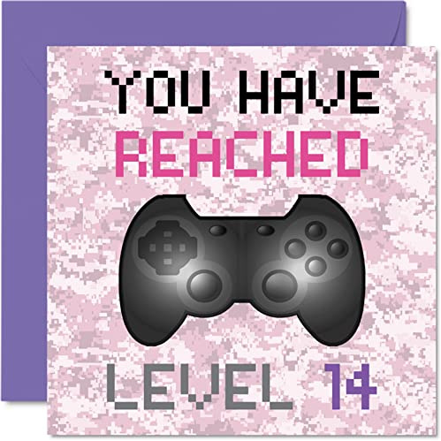 Stuff4 14. Geburtstagskarte für Spieler, Sie haben Level 14 erreicht | Mädchen-Geburtstagskarten, Teenager Geburtstagsgrußkarten, Videospiel-Gaming-Tochter, Enkelin, Nichte, 145 mm x 145 mm