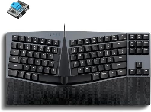 Perixx PERIBOARD335BL Kabelgebundene ergonomische mechanische kompakte Tastatur – Flache Blaue Klickschalter – programmierbare Funktion mit MakroTasten – kompatibel mit Windows und Mac OS X – US