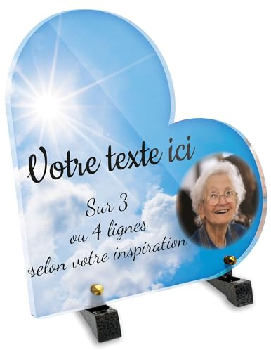 Plaque funéraire Coeur avec Photo Personnalisable en plexi Motif Ciel Bleu et Nuages, différentes Tailles, épaisseur 6mm, personnalisée sur Plusieurs Lignes 20x20 cm