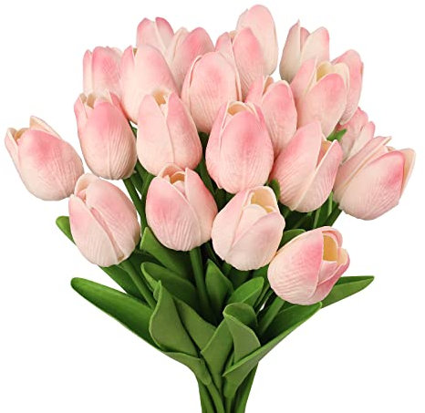 N&T NIETING Artificial Tulips Flowers, 12Pcs Fake Tulip Real Touch Latex Faux Tulips Flowers Bouquet for Wedding Floral Arrangements Mother's Day Home Easte Decorations(Light Pink)