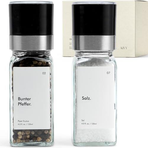 KIVY Salz und Pfeffermühle 2er Set - Verstellbares Keramikmahlwerk - Gewürzmühle - Pfeffer und Salzmühle für grobes Salz - Chili Mühle Klein - Pfeffer salz Mühlenset