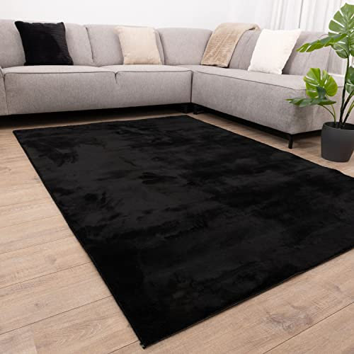 Omid Carpets Teppich Weicher Waschbarer Flachflorteppich mit Rutschfester Unterseite Omid Soft Comfort Waschbar bei 30° - Modern - Wohnzimmer - Salon - Schlafzimmer - Esszimmer (Schwarz, 200x290cm)