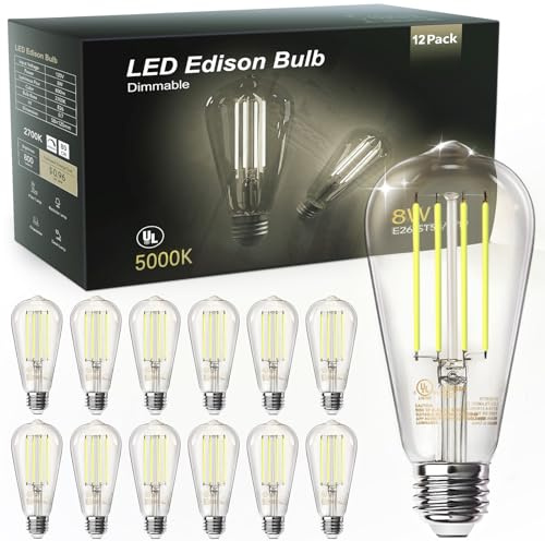 TJOY 12 Pack Vintage Edison LED Light Bulbs, Dimmable, 60W Equivalent, E26 Medium Base, 5000K Daylight, ST58, 8W, 800LM, Ultra-Bright, 80+CRI, Antique Decorative Filament, Clear Glass
